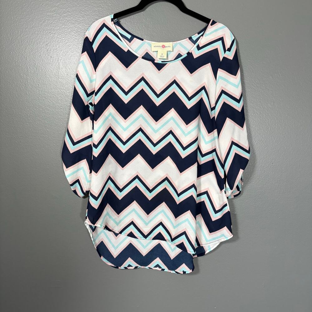 Wishful Park Women's Y2K Chevron White, Blue, & Pink Top - Size Medium - Artsy
